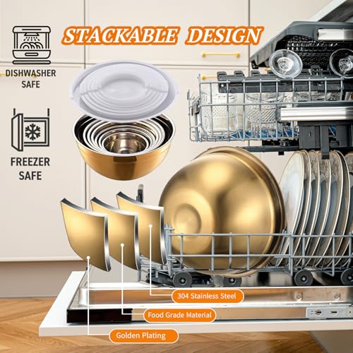 7 Pack Gold Mixing Bowls Set with 5 PCS Kitchen Accessories