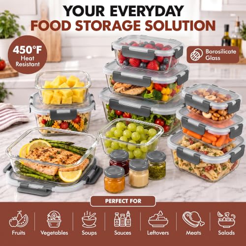 40 PC Glass Kitchen Storage Containers with Lids (Gray)