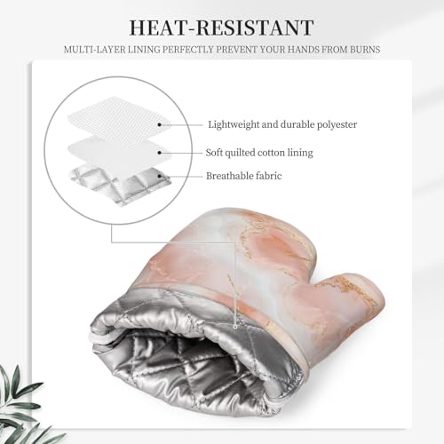 Oven Mitts Pot Holders Set Marble Light Pink Abstract Silicone Kitchen Gloves Potholders Heat Resistant for Chef Baking Cooking Grilling BBQ 4 Pack Mitt (C092)