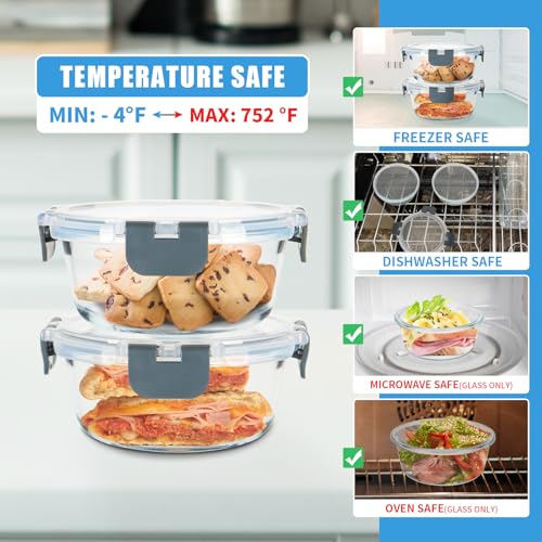 12 Pack 13oz Small Round Glass Food Storage Containers with Lids (13oz, 12 Pack - Grey Set, Same Size)