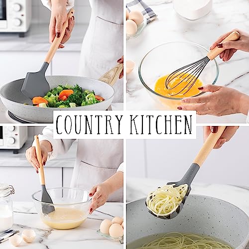 Non Stick Silicone Utensil Set with Rounded Wood Handles for Cooking and Baking (14 Piece Set / Gray)