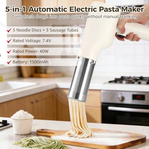 5-in-1 Automatic Electric Pasta Maker, Cordless Handheld Noodle Maker with 5 Shaping Discs & 3 Sausage Tubes, Rechargeable Pasta Machine for Home Kitchen Breakfast Store Restaurant