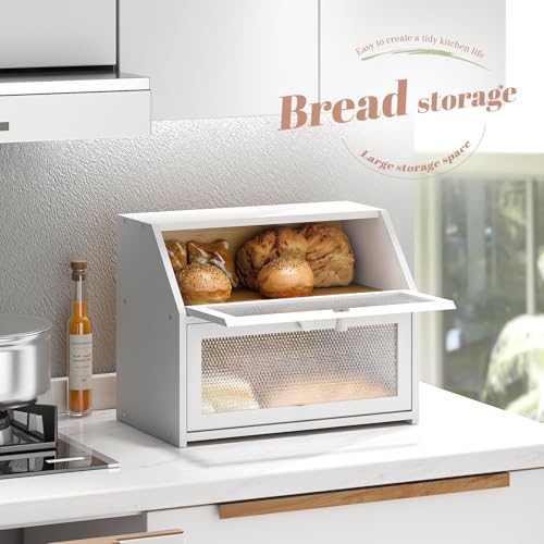 Bread Box for Kitchen Countertop Bin Double Layer Bread Box Storage Container Extra Large Capacity Farmhouse with Diamond Pattern Windows (White / Large)