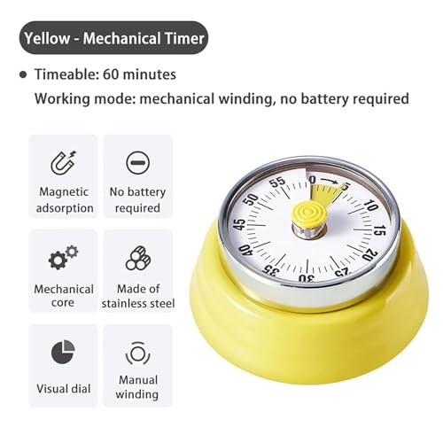 Elegant Stainless Steel Vintage Kitchen Timer with Magnetic Attachment (01-yellow)