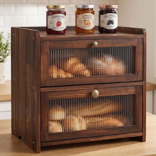 Wooden Bread Box with Acrylic Window for Kitchen Countertop (2 Layer)
