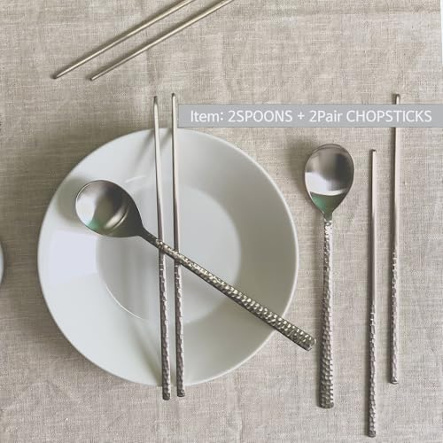 Korean Made Silver Glossy Hammered Stainless Steel Korean Spoon & Chopstick SET