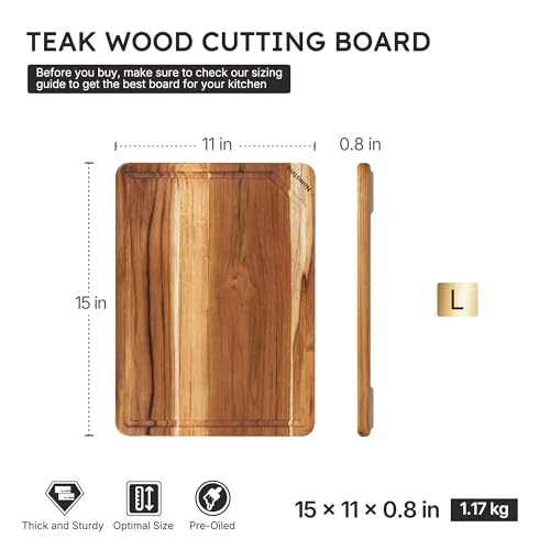 15" Teak Wood Cutting Boards for Kitchen Wooden Chopping Board Non Toxic (15"L x 11"W)