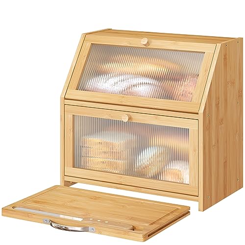 Extra Large Bread Box with Cutting Board Bamboo Wood Bread Box for Kitchen Counter (Natural)
