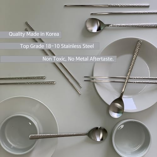 Korean Made Silver Glossy Hammered Stainless Steel Korean Spoon & Chopstick SET