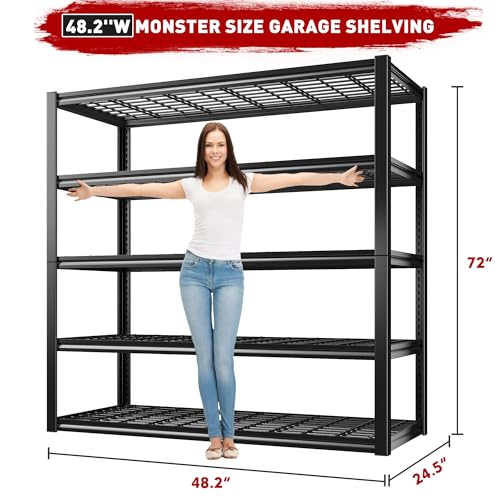 48" W Garage Shelving 2500LBS Storage Shelves 5 Tier Heavy Duty Shelving Adjustable Garage Shelves for Warehouse