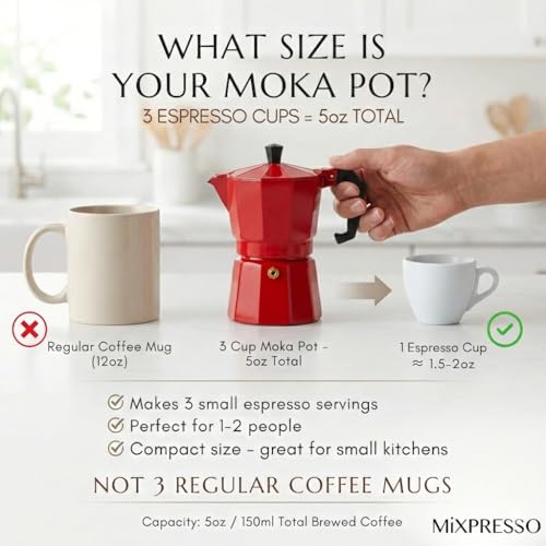 3 Cup Moka Pot Stovetop Espresso Maker (Red / 3 Espresso Cups with Mug)