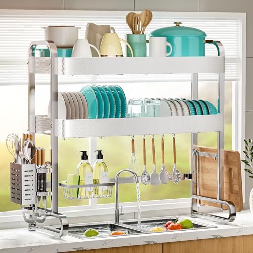 3 Tier Over The Sink Dish Drying Rack (Honeycomb Pattern-silver)
