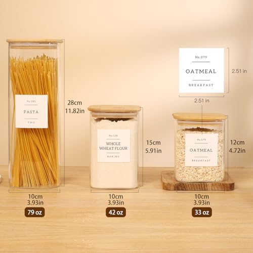 square glass jars with bamboo lids and 132 kithcne pantry labels