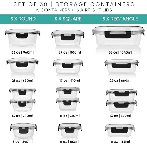 30 PC Glass Food Storage Containers with Lids (Black)
