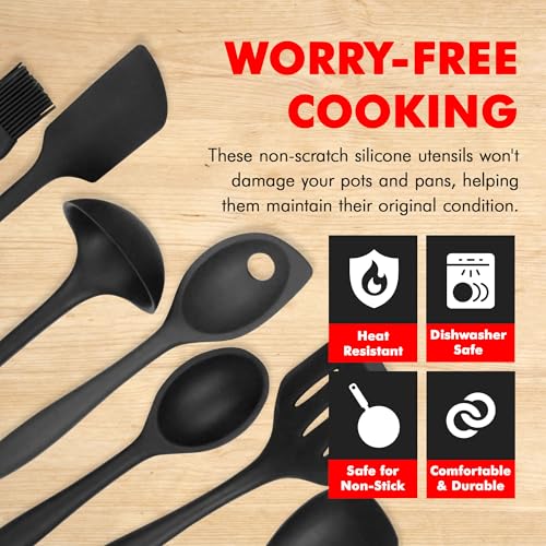 Premium Silicone Kitchen Tools and Utensils Set (7 Piece Set / Black)