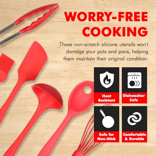 Premium Silicone Kitchen Tool and Utensil Set (9 Piece Set / Red)