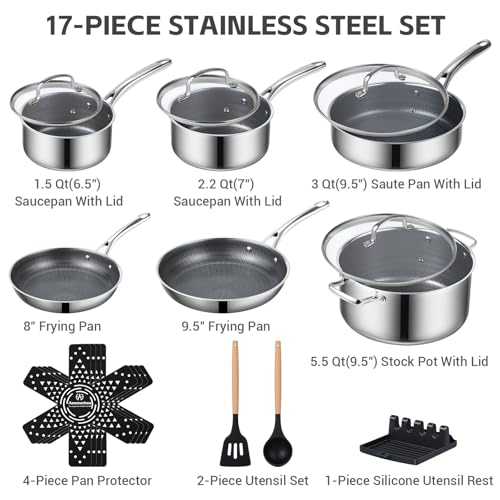 17 Pcs Hybrid Nonstick Stainless Steel Cookware Set