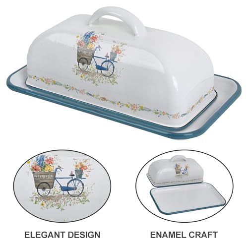 Enamel Butter Dish with Lid Vintage Enamelware Butter Keeper with Flower and Bee Patterns Farmhouse Butter holder Butter container for Kitchen Decor