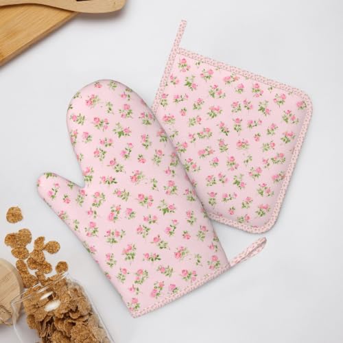 Oven Mitts Pot Holders Set Watercolor Rose Pink Silicone Kitchen Gloves Potholders Heat Resistant for Chef Baking Cooking Grilling BBQ 4 Pack Mitt (A0614)