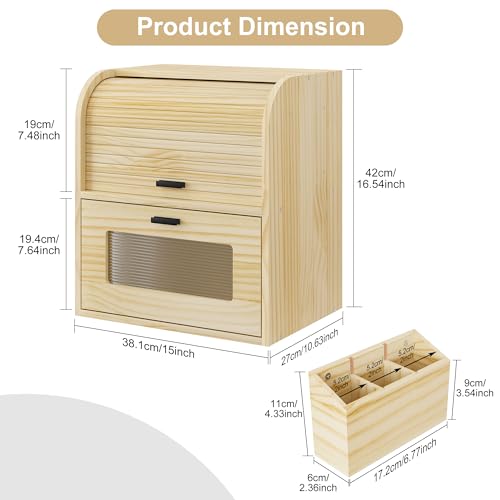 Roll Top Bread Box for Kitchen Countertop (Wood Color)