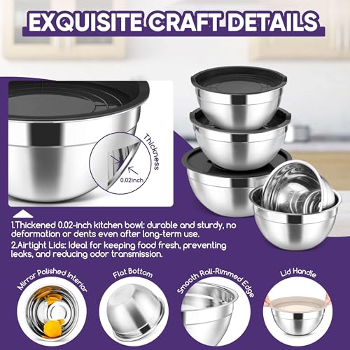5 Piece Mixing Bowls with Airtight Lids (Black / 4.6, 3.5, 2.5, 2, 1.5QT)