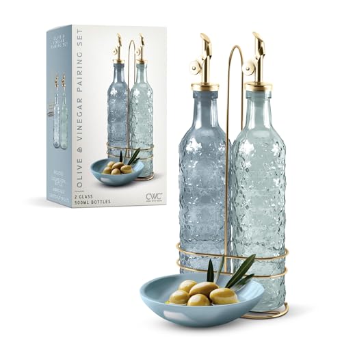 Glass Olive Oil Bottle Dispenser (Floral / Blue)