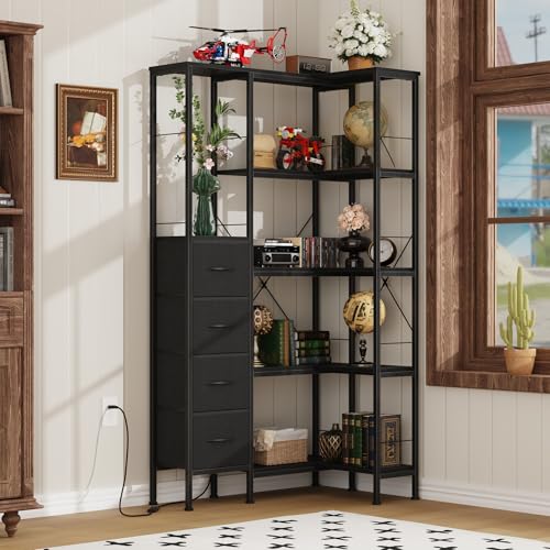 Corner Bookshelf with LED Light Strips & 4 Fabric Drawers