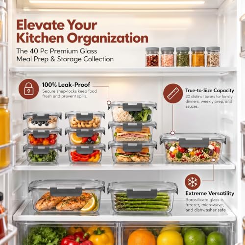 40 PC Glass Kitchen Storage Containers with Lids (Gray)