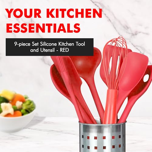 Premium Silicone Kitchen Tool and Utensil Set (9 Piece Set / Red)