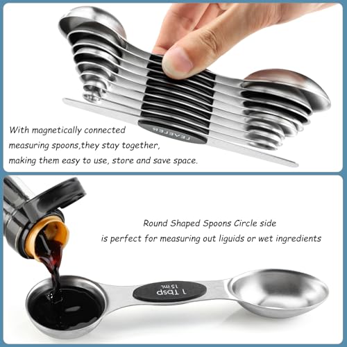 Magnetic Measuring Spoons Set of 9 Stackable Dual Sided Teaspoon Tablespoon Stainless Steel Nesting Measuring Spoon for Measuring Dry and Liquid Ingredients Fits in Spice Jars