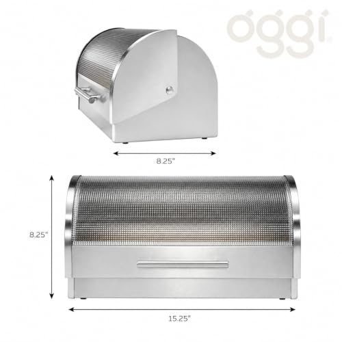Stainless Steel Roll Top Bread Box for Kitchen Countertop with Tempered Glass Lid (15.25 x 8.25 x 8.25 inches / Roll top with Tempered Glass Lid)