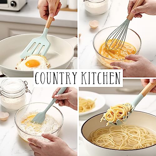 Non Stick Silicone Utensil Set with Rounded Wood Handles for Cooking and Baking (14 Piece Set / Mint)