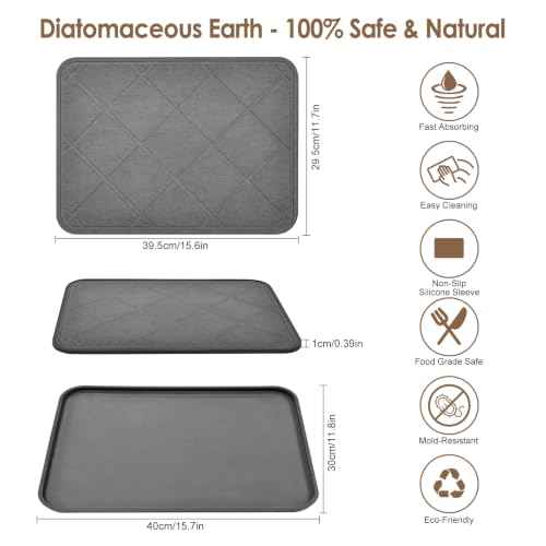Stone Dish Drying Mat with Silicone Sleeve (Grey - Grid Pattern - 2 PCS / 15.7" x 11.8")