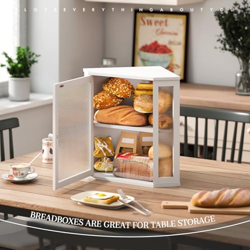 Corner Bread Box Kitchen Countertop Extra Large Capacity Farmhouse Bread Box (White / 12.6" x 12.6" x 16.5")