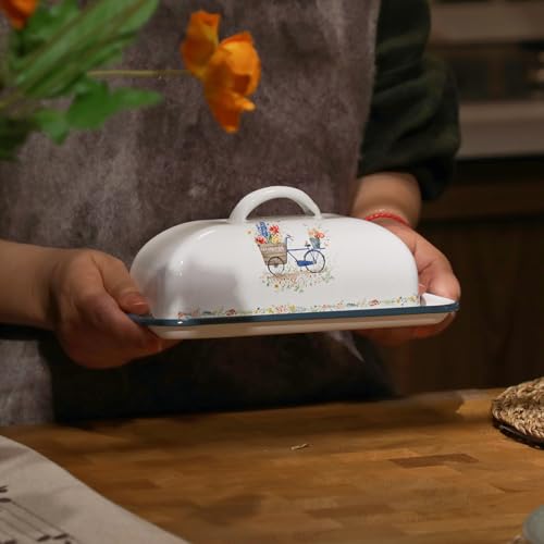 Enamel Butter Dish with Lid Vintage Enamelware Butter Keeper with Flower and Bee Patterns Farmhouse Butter holder Butter container for Kitchen Decor