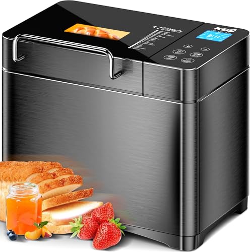 17-in-1 Bread Maker-Dual Heaters, 710W Bread Machine Stainless Steel with Gluten-Free,Ceramic Pan& Touch Panel, 3 Loaf Sizes 3 Crust Colors,Recipes