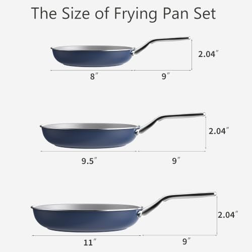 3 Piece Blue Ceramic Nonstick Frying Pan Set (Blue)