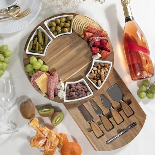 Acacia Cheese Board Gift Set with Ceramic Bowls and Utensils