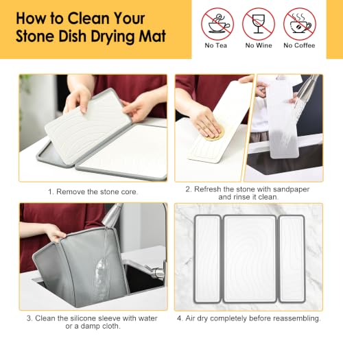 Stone Dish Drying Mat with Silicone Sleeve (White / Wave Pattern / 19.7" x 15.7")