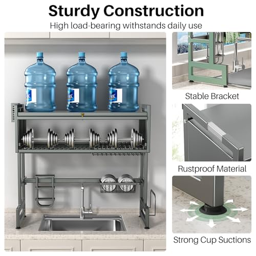 Over the Sink Dish Drying Rack 3 Tier with Dustproof Flip (Gray / 33.4in)