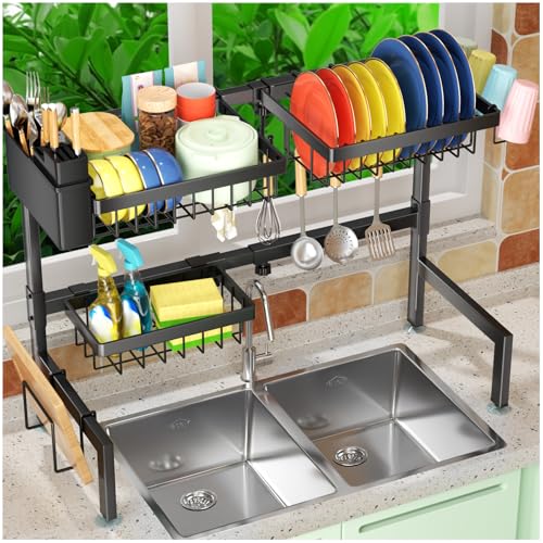2 Tier Over The Sink Dish Drying Rack (Black / 2 tiers 3 baskets)