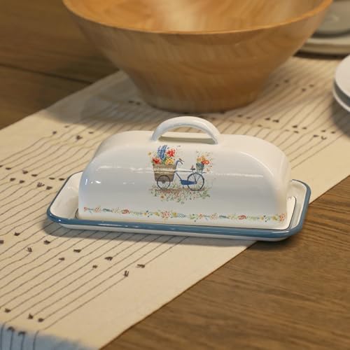 Enamel Butter Dish with Lid Vintage Enamelware Butter Keeper with Flower and Bee Patterns Farmhouse Butter holder Butter container for Kitchen Decor