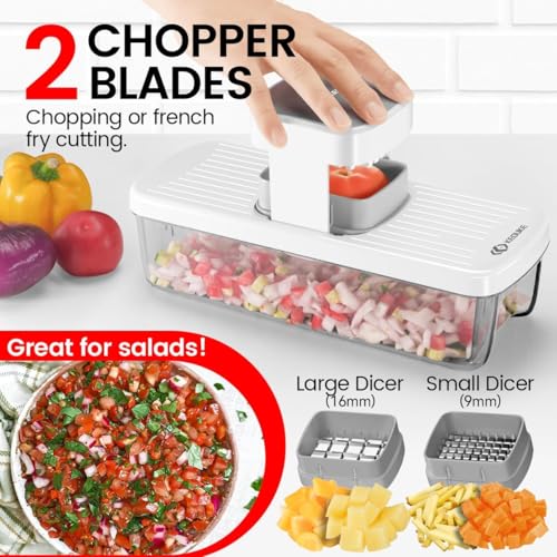 8-in-1 Vertical Vegetable Chopper Mandoline Slicer with Container White - Safe Tap Out Dicer with Hand Guard for Kitchen Easy Food Prep, Onion Potato Veggie Fruit (White)