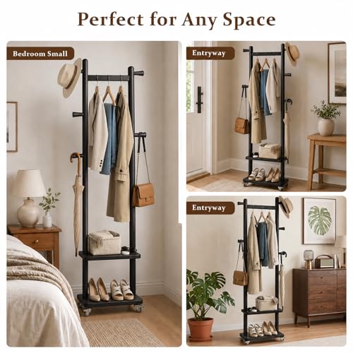Coat Rack Freestanding Clothing Rack with Wheels & 2 Shelves Storage & 5 Hooks Heavy Duty Clothes Rack Wood Coat Tree Stand Hat Hanger Rack