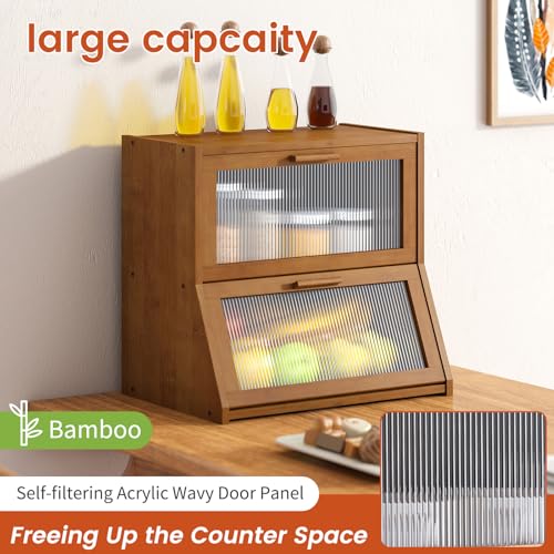 Double Layer Bamboo Bread Box for Kitchen Counter (Brown / Extra Large)
