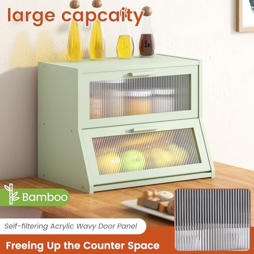 Double Layer Bamboo Bread Box for Kitchen Counter (Light Green / Medium)
