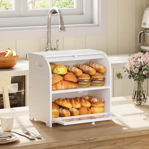 Bread Box Bamboo Bread Box for Kitchen Countertop (White)