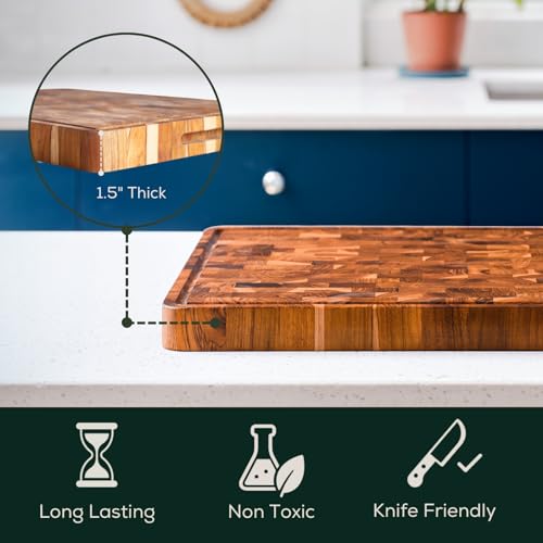 Medium (M) Teak End Grain Cutting Board, Reversible, Knife-Friendly Charcuterie Wood Cutting Board with Juice Groove & Handles, Non-Toxic, Gift Box Included (7" x 13" x 1.5") (M - Teak End Gain / 17"L x 13"W)