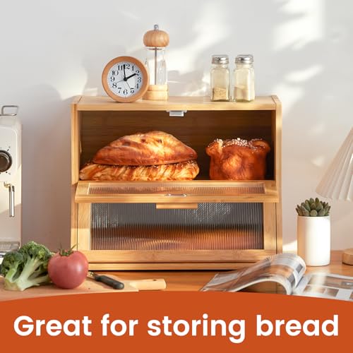 Double Layer Bamboo Bread Box for Kitchen Counter (Natural / Medium)