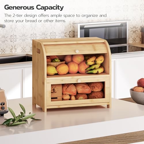 Bread Box Bamboo Bread Box for Kitchen Countertop (Natural)
